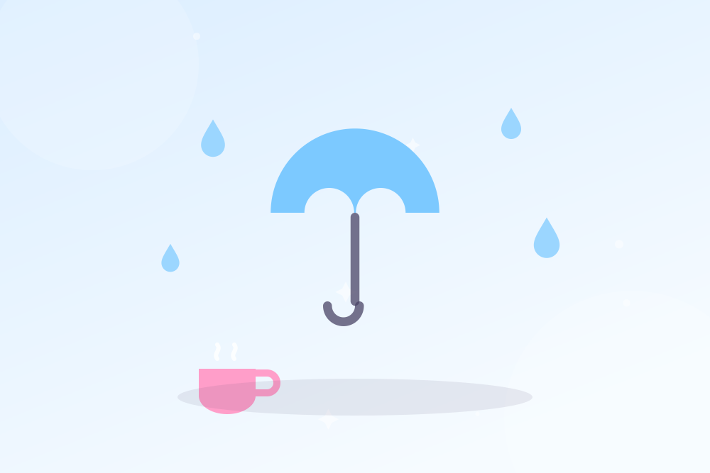 イラスト：傘と雨のしずくとマグカップ